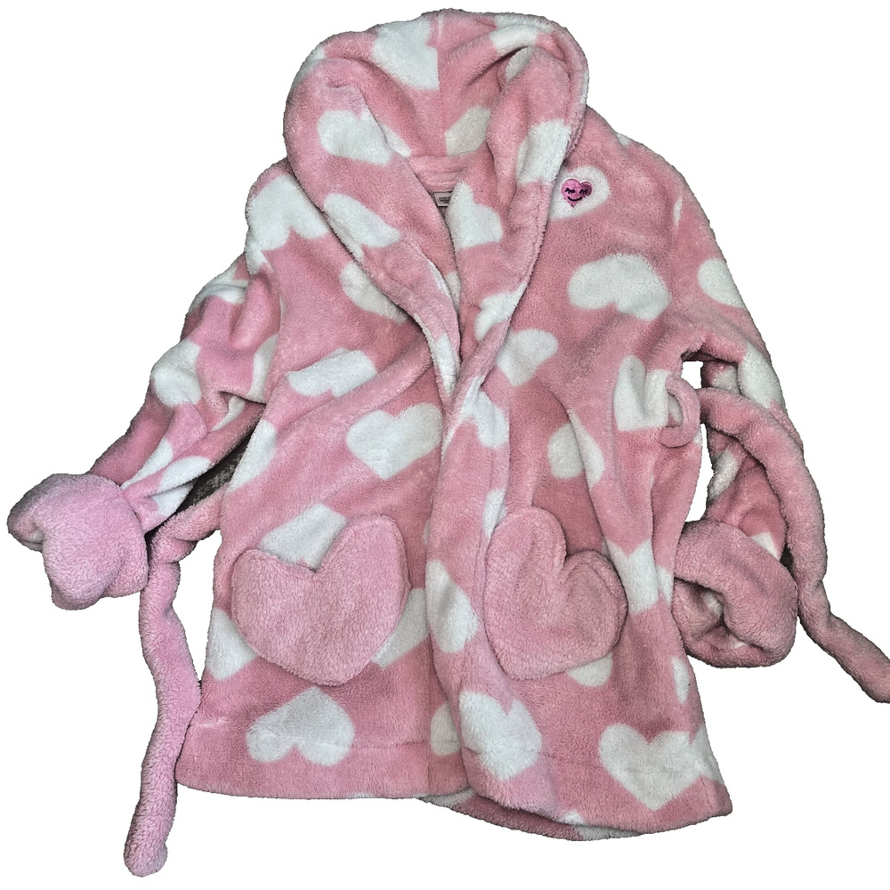 Gap Kids Girls Fleece Robe Pink Heart Print Hooded Size 4 Cozy